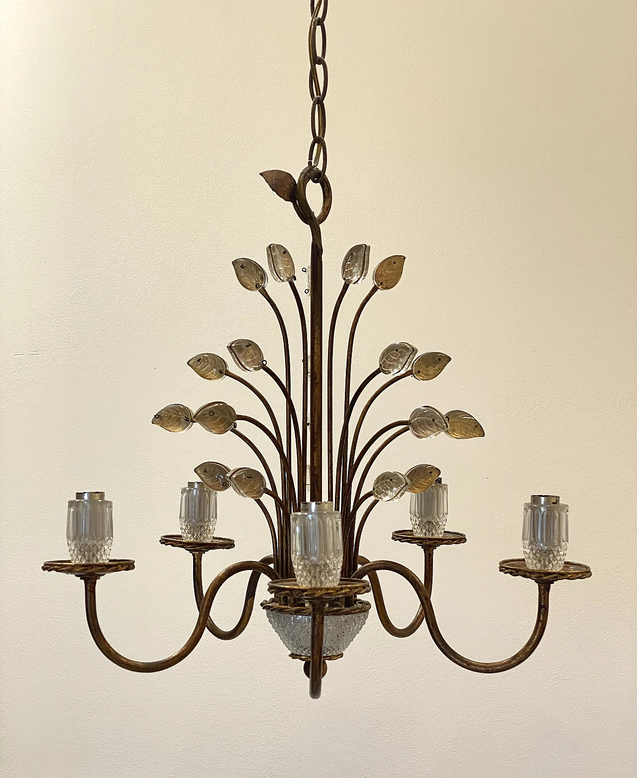 5-Light chandelier in golden iron & glass by Maison Bagues, 1970s 1