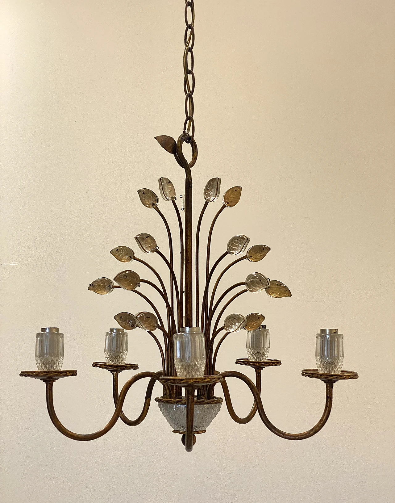 5-Light chandelier in golden iron & glass by Maison Bagues, 1970s 2