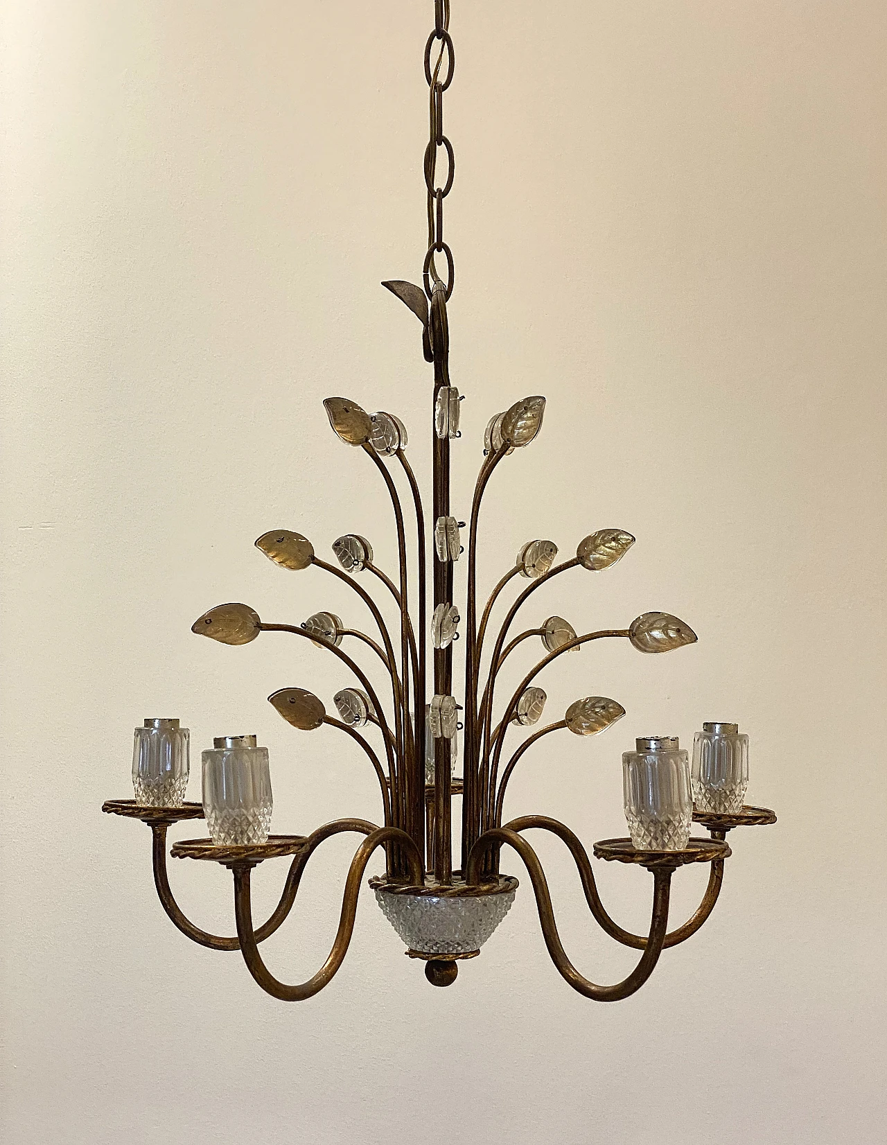 5-Light chandelier in golden iron & glass by Maison Bagues, 1970s 6