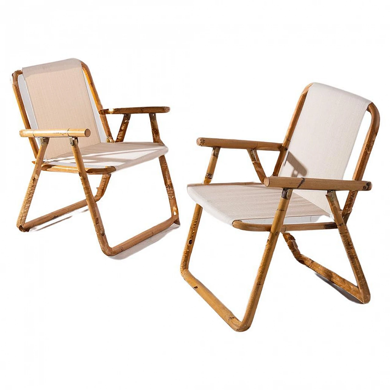 Pair of bamboo and jute folding chairs, 1950s 1