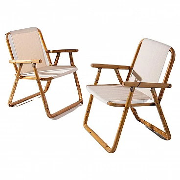 Pair of bamboo and jute folding chairs, 1950s