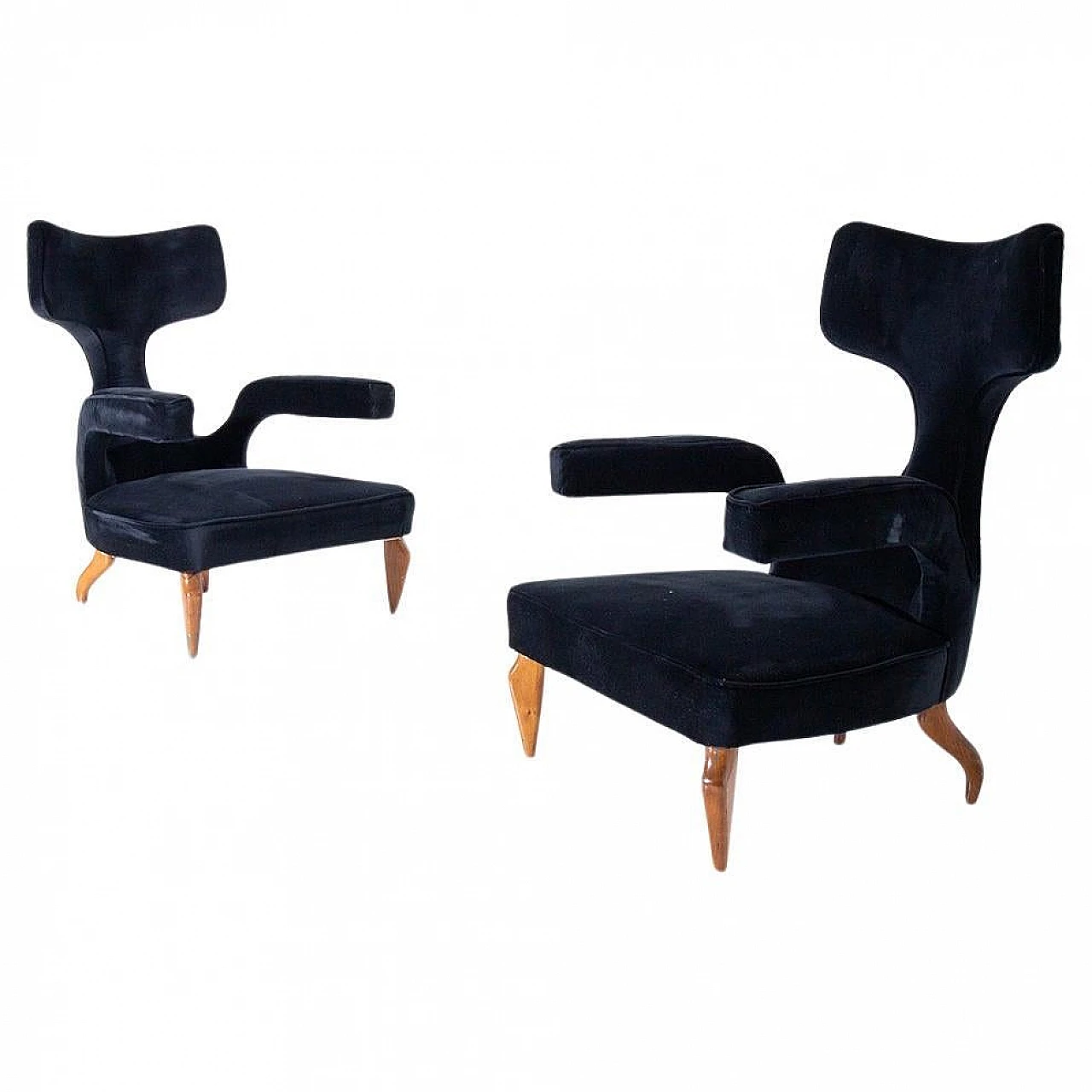 Pair of chairs in wood and black velvet by Zavanella, 1950s 1