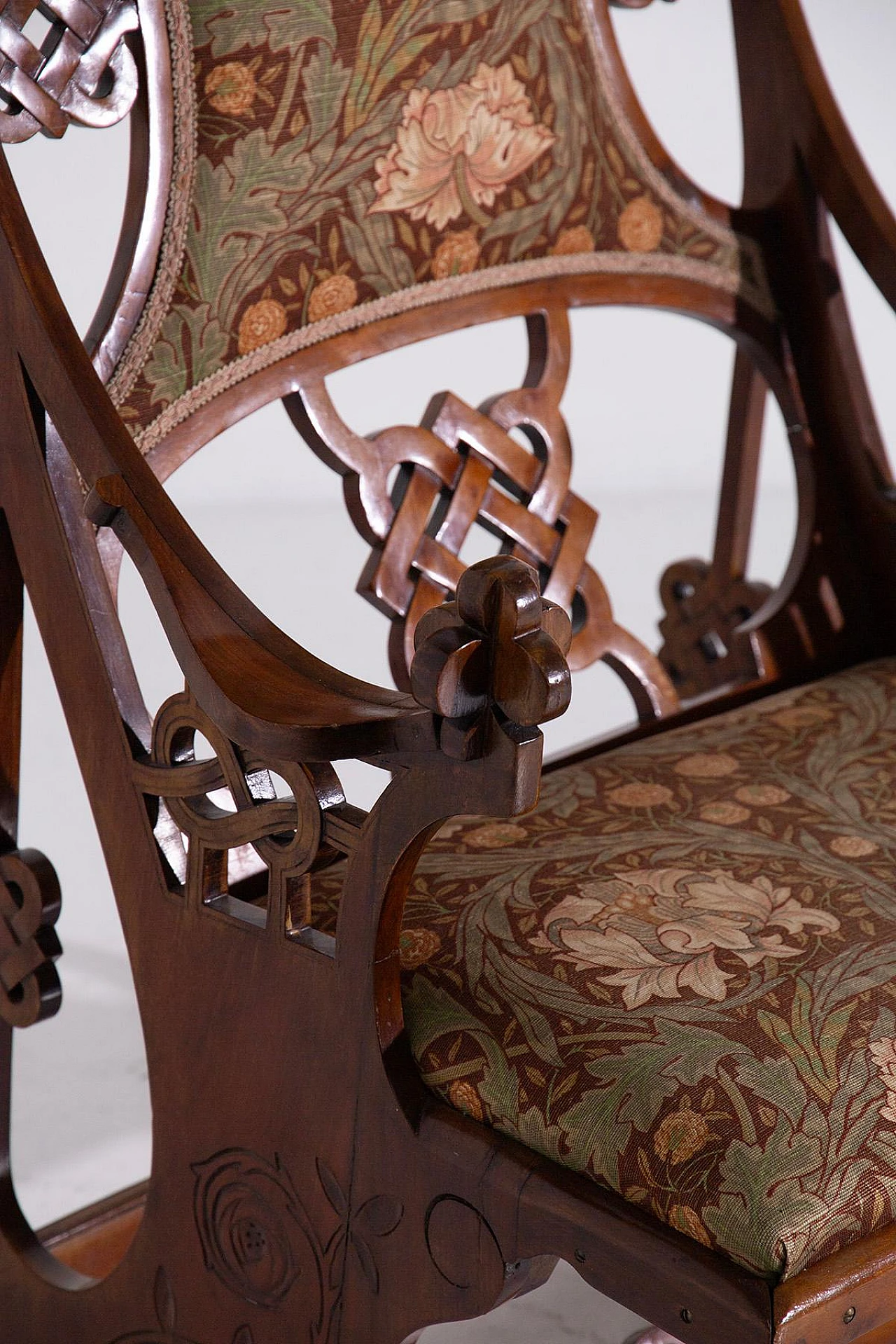 Art Nouveau style wood and floral fabric armchair, 1940s 2