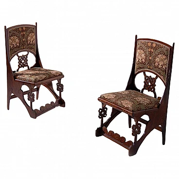 Pair of Art Nouveau style wood and floral fabric chairs, 1940s