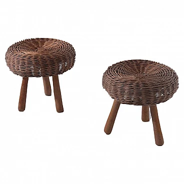 Pair of wicker and wood stools by Tony Paul, 1960s