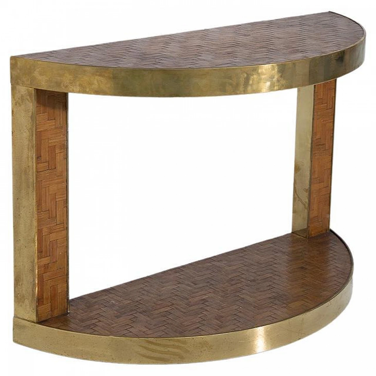 Brass and rattan half-moon console, 1970s 1