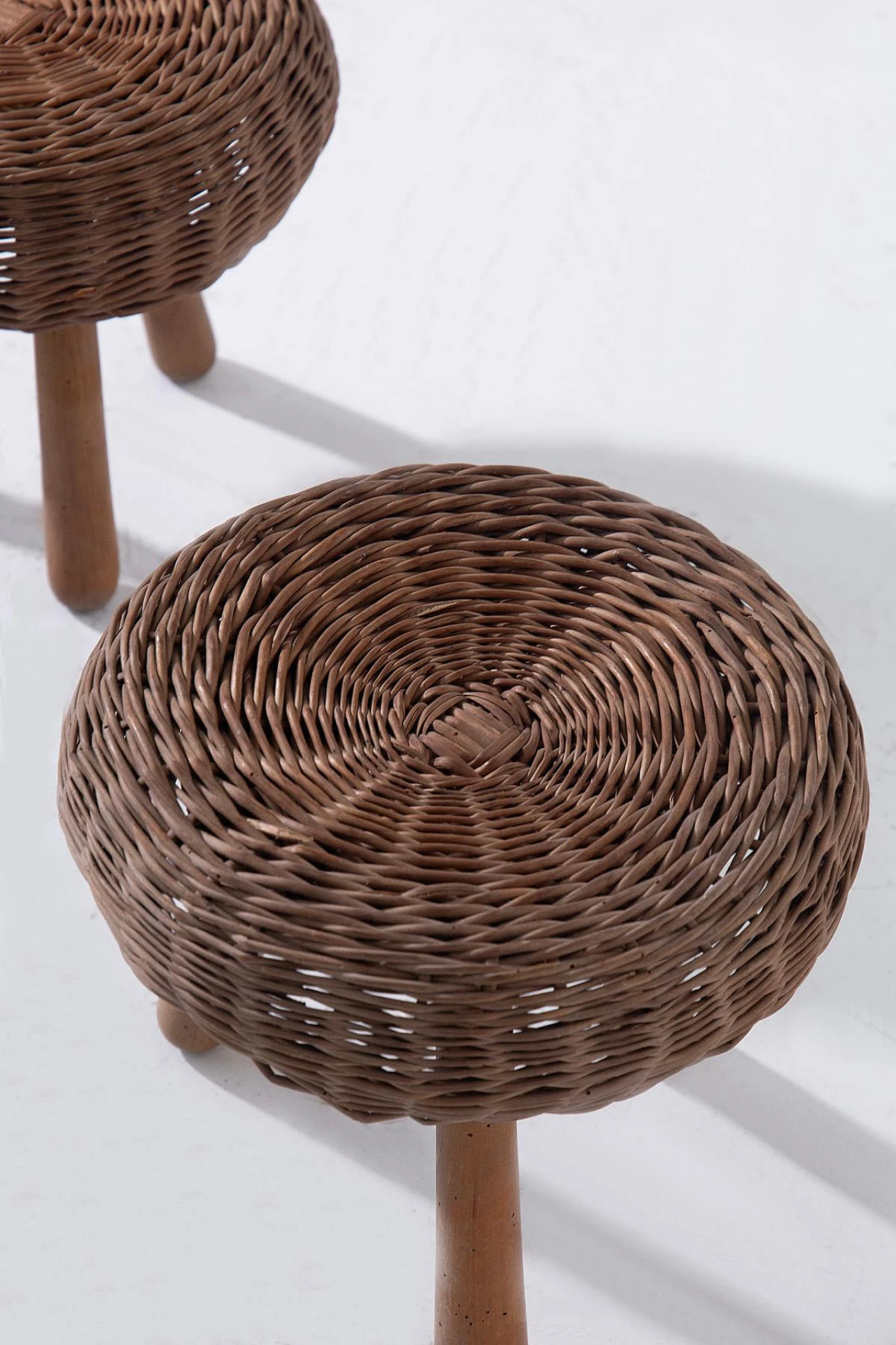 Pair of wicker and wood stools by Tony Paul, 1960s 4