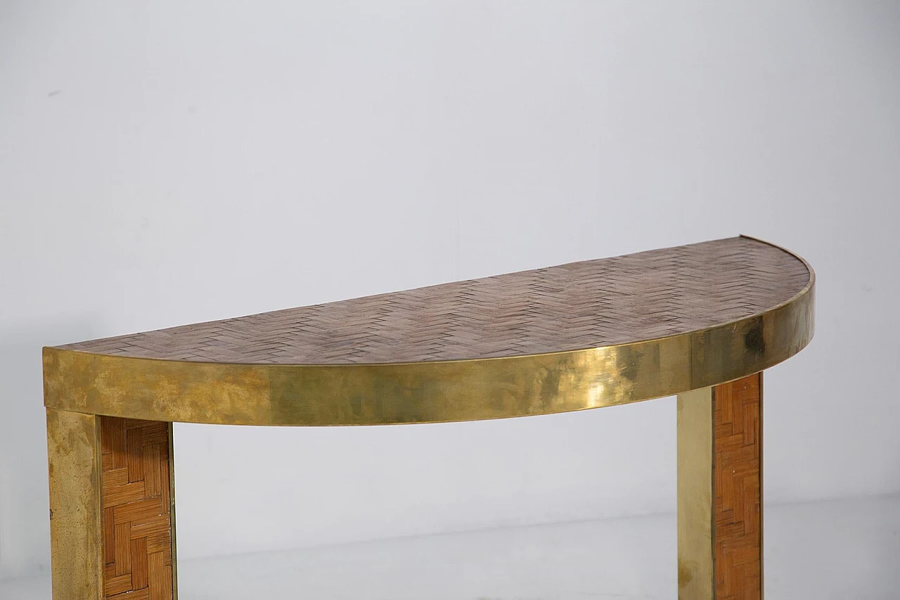 Brass and rattan half-moon console, 1970s 4