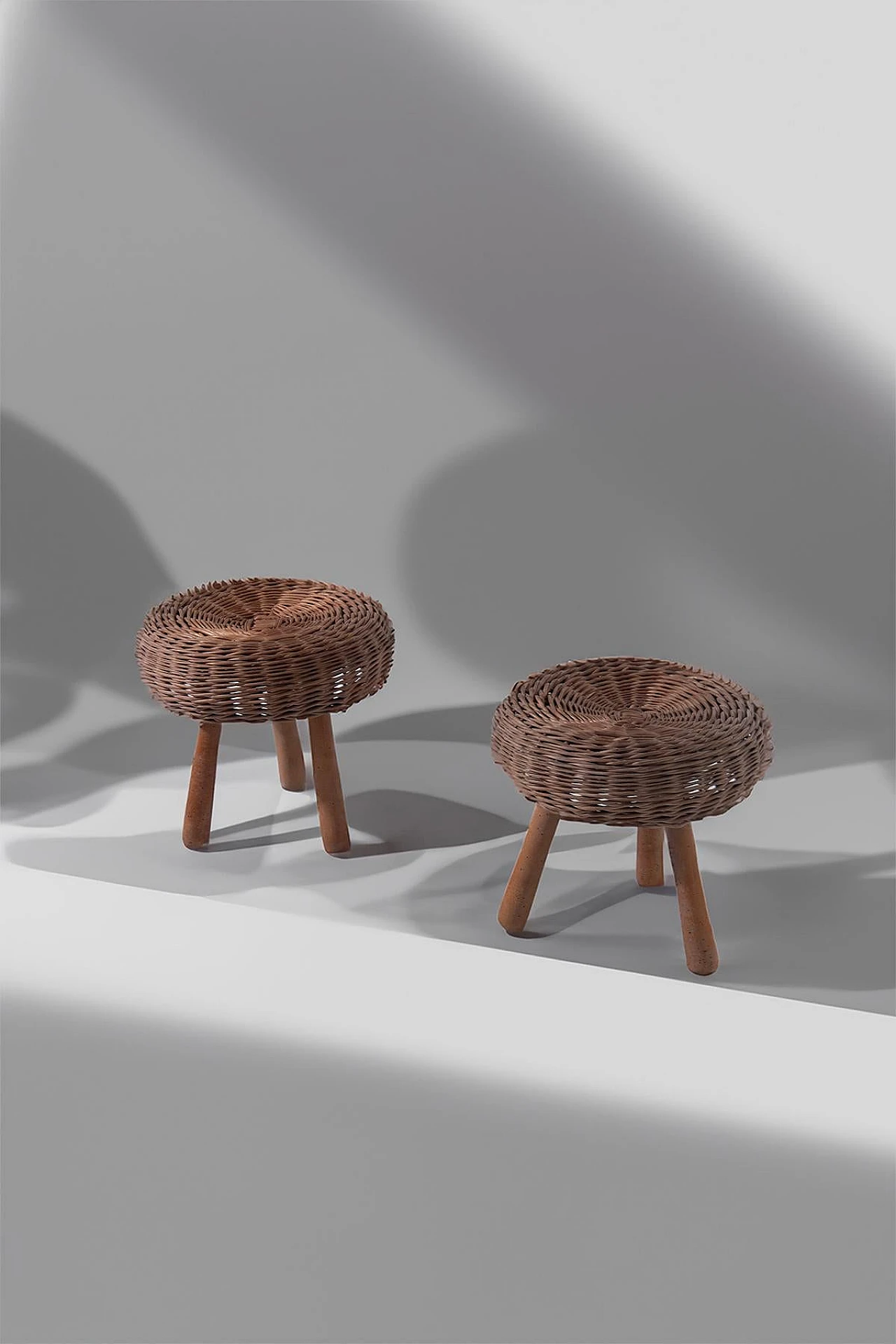 Pair of wicker and wood stools by Tony Paul, 1960s 6