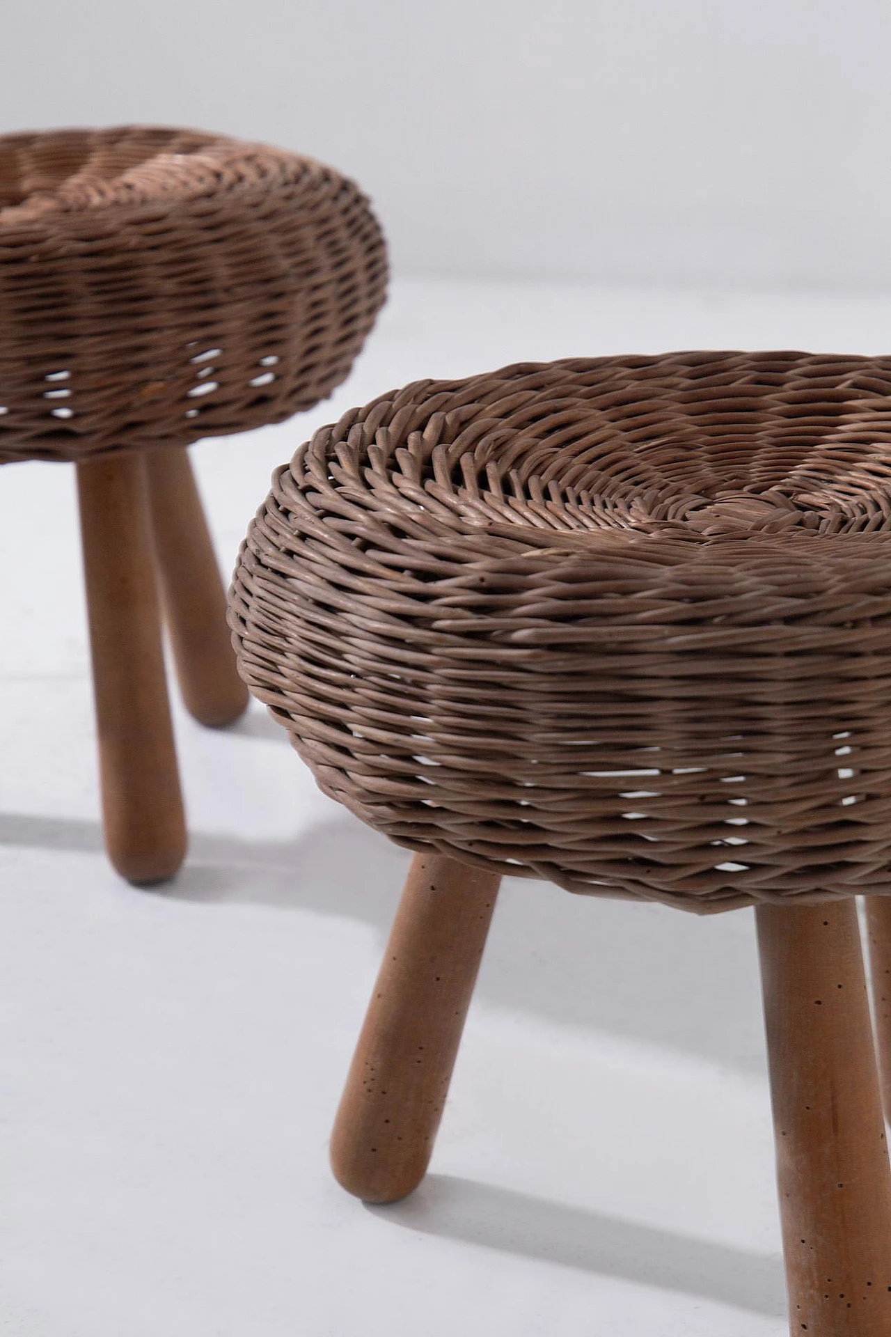 Pair of wicker and wood stools by Tony Paul, 1960s 8