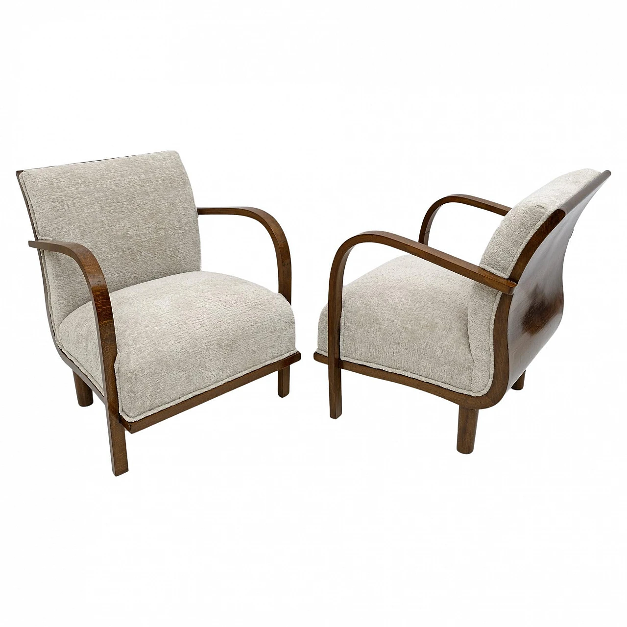 Pair of bouclé and wood armchairs, 1920s 1