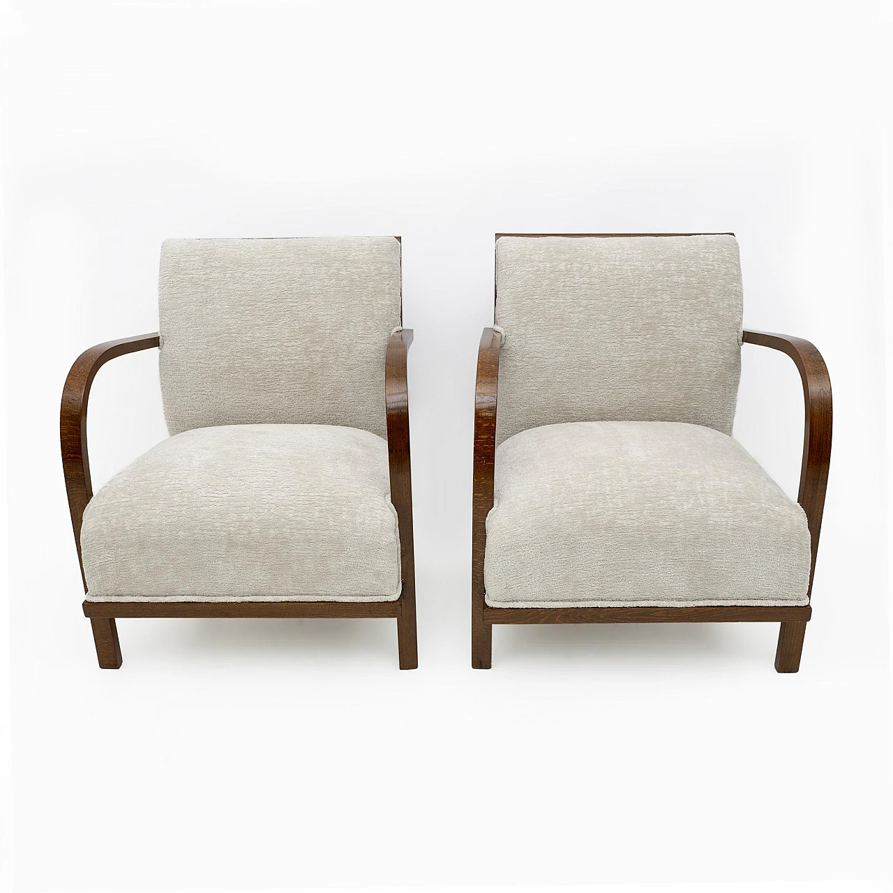 Pair of bouclé and wood armchairs, 1920s 2