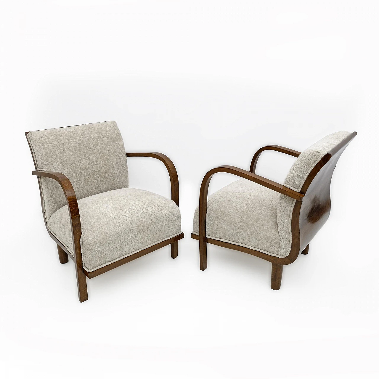 Pair of bouclé and wood armchairs, 1920s 3