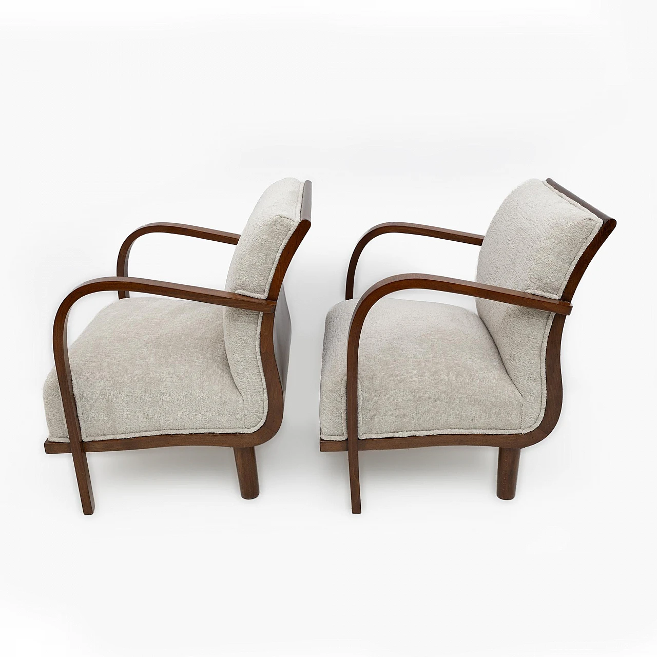 Pair of bouclé and wood armchairs, 1920s 4