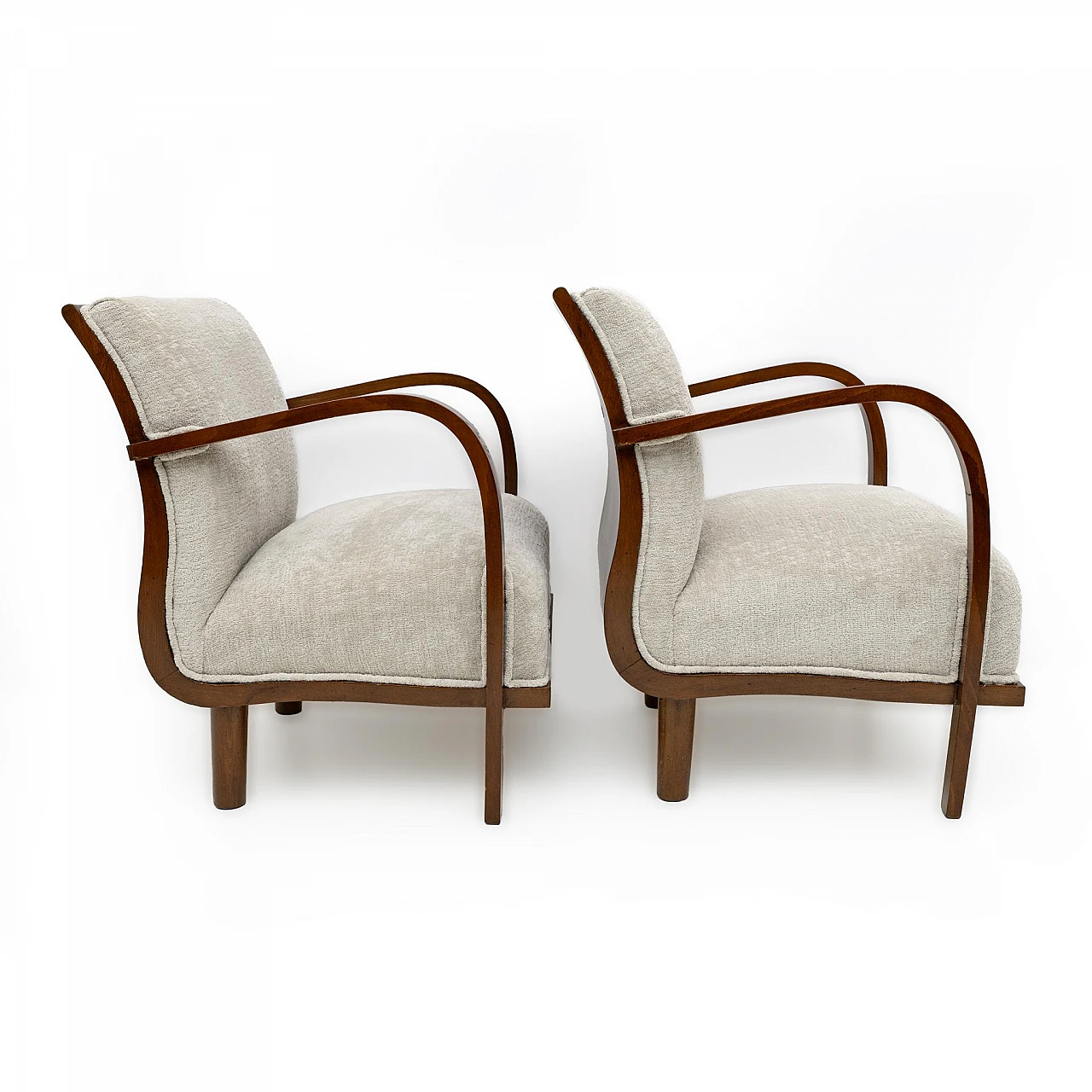 Pair of bouclé and wood armchairs, 1920s 5