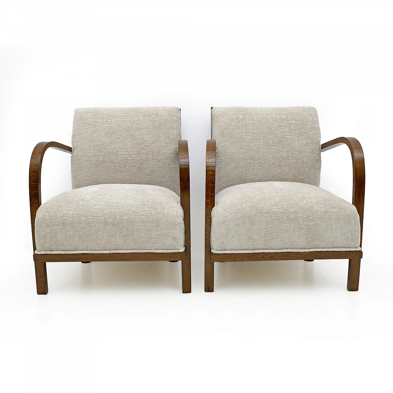 Pair of bouclé and wood armchairs, 1920s 6