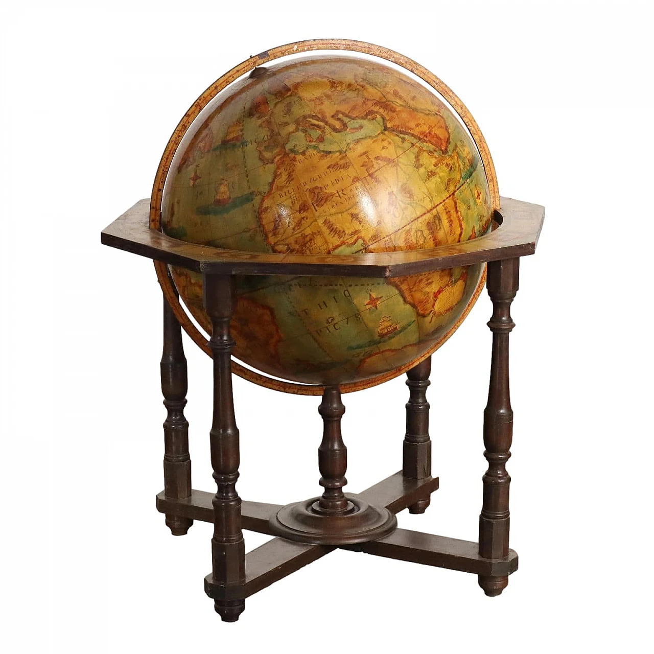 Wooden globe with turned uprights, early 20th century 1