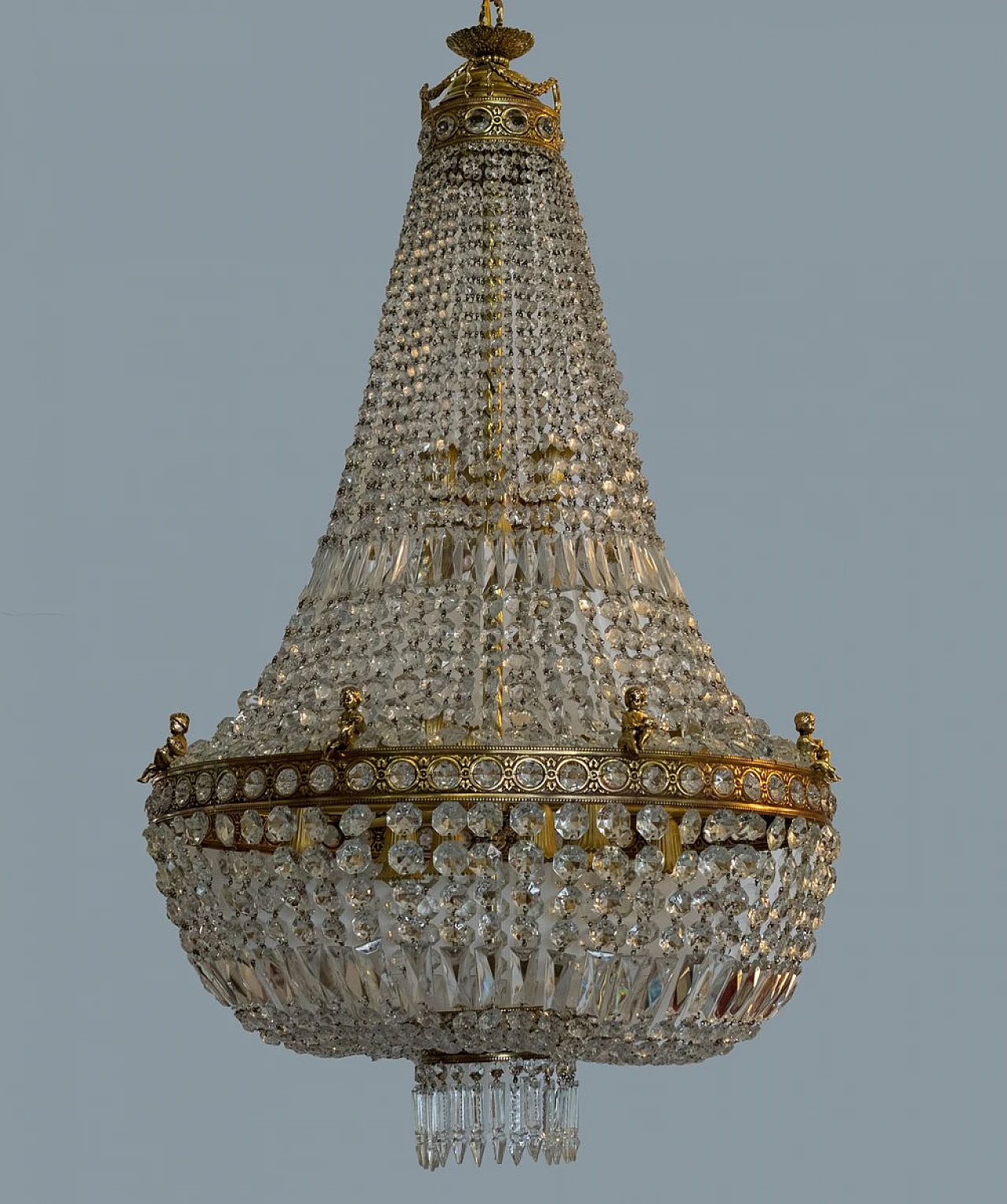 Lampadario in stile Impero in ottone e cristallo di Boemia, anni '50 3