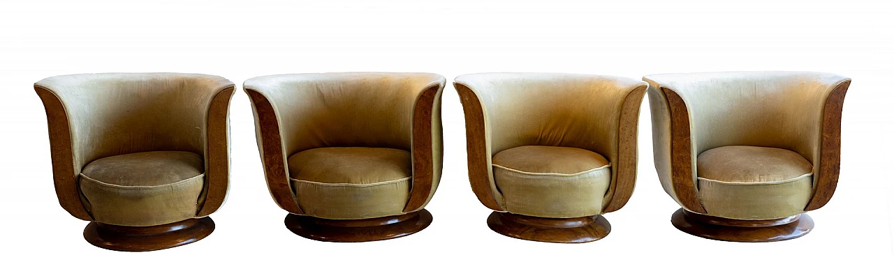 4 Tulip armchairs in wood and upholstered beige velvet, 1930s 10
