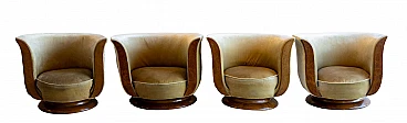 4 Tulip armchairs in wood and upholstered beige velvet, 1930s