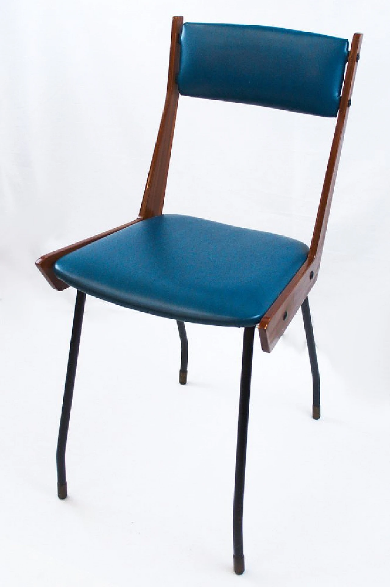 Chair in wood, black metal & blue leatherette by RB Rossana, 1950s 1