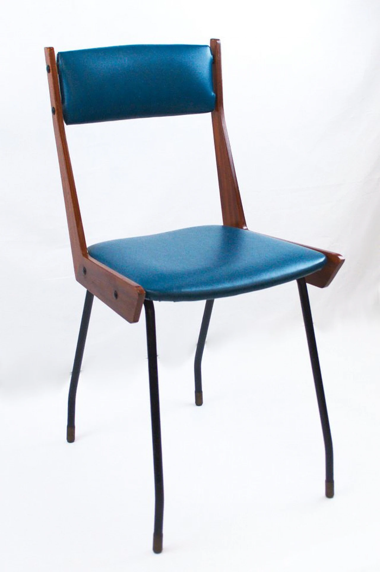 Chair in wood, black metal & blue leatherette by RB Rossana, 1950s 2