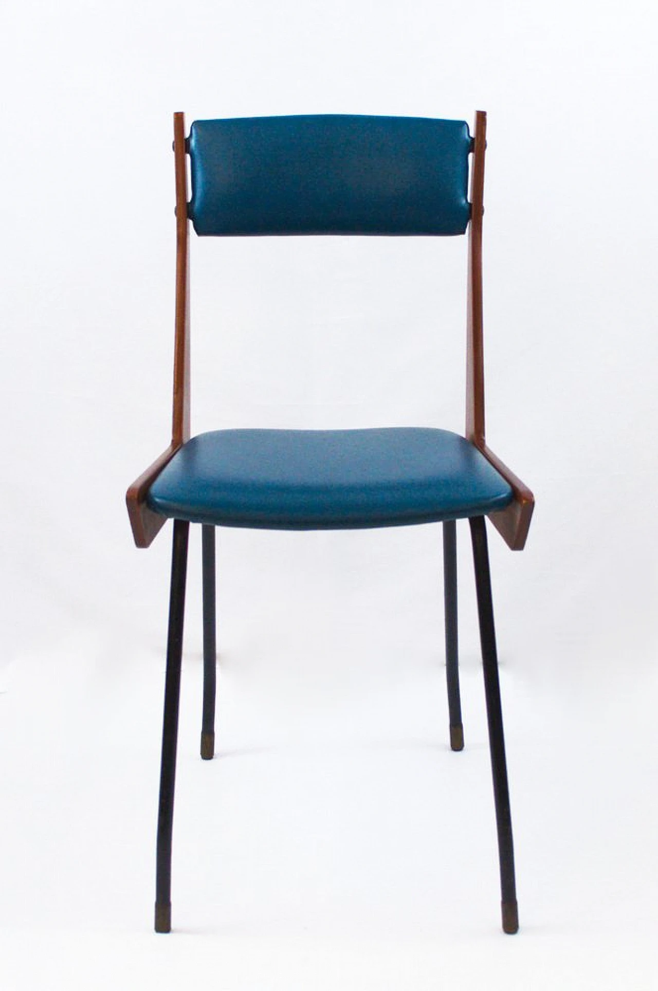 Chair in wood, black metal & blue leatherette by RB Rossana, 1950s 8