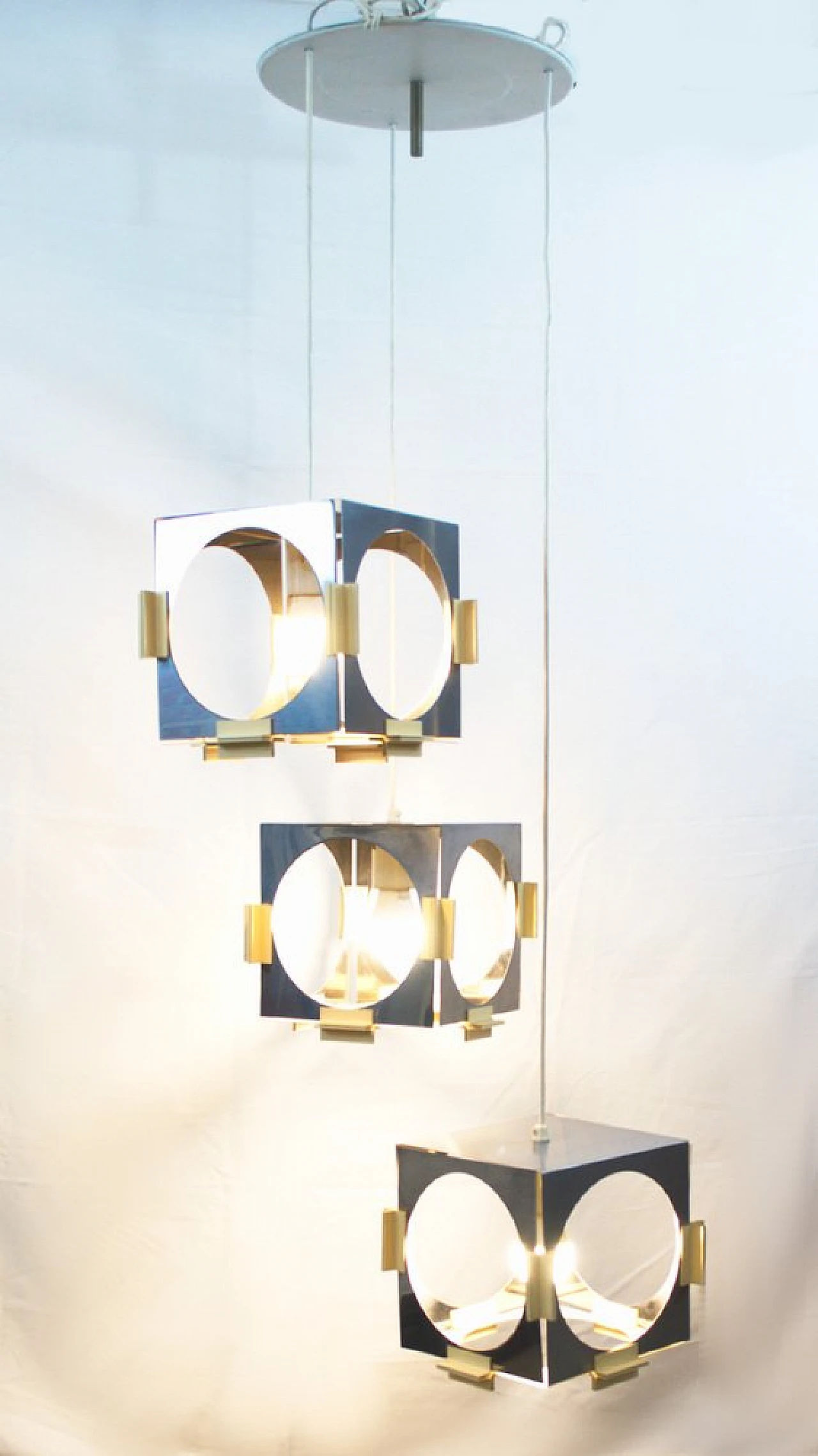 Chandelier with 3 metal cubes by G. Reggiani for Reggiani, 1970s 7