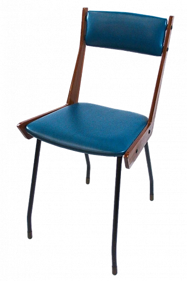 Chair in wood, black metal & blue leatherette by RB Rossana, 1950s