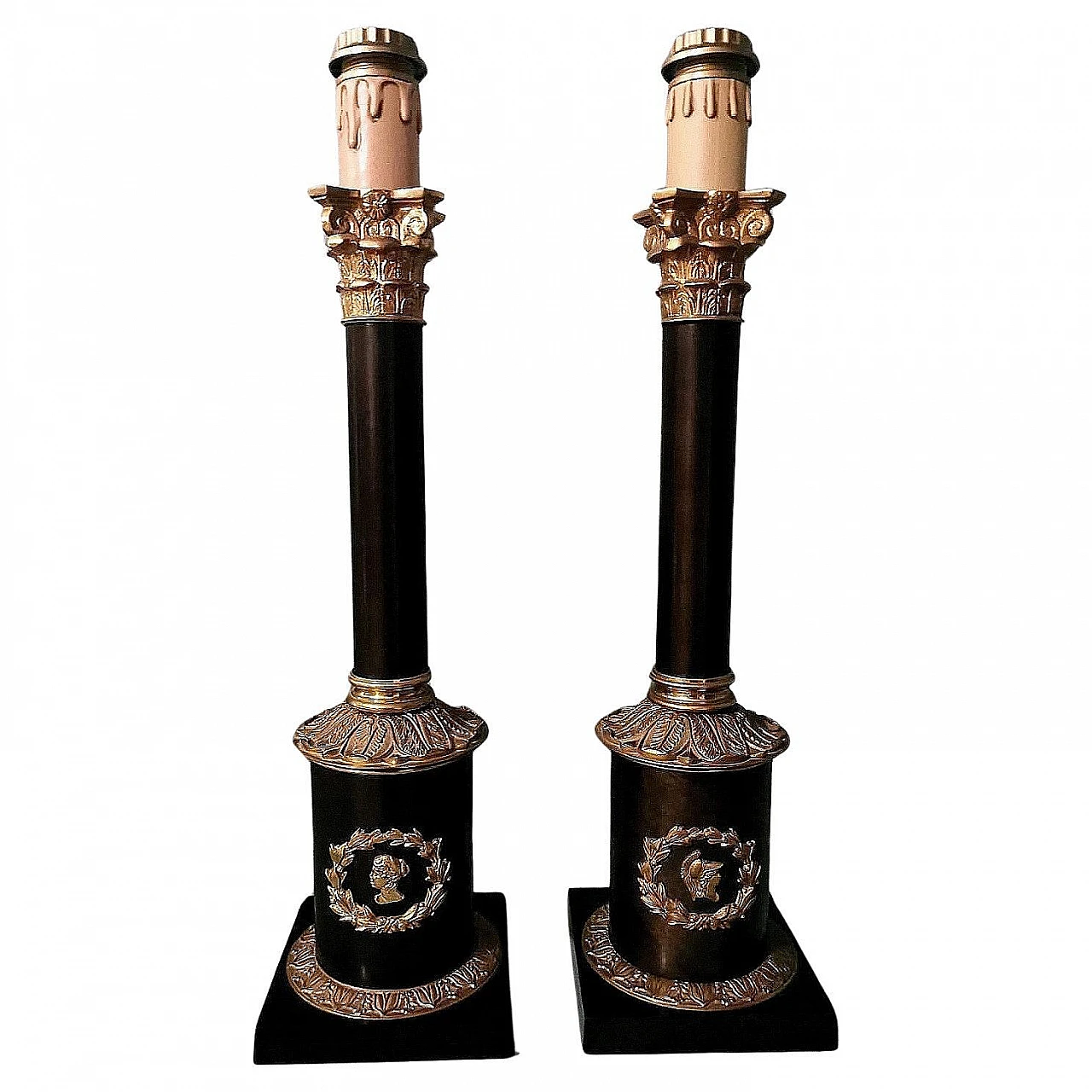 Pair of Empyre style column table lamps in bronze & brass 1