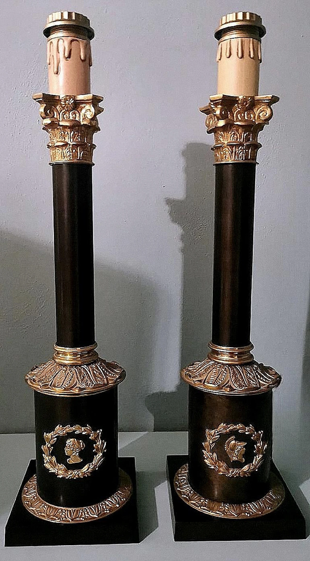 Pair of Empyre style column table lamps in bronze & brass 2