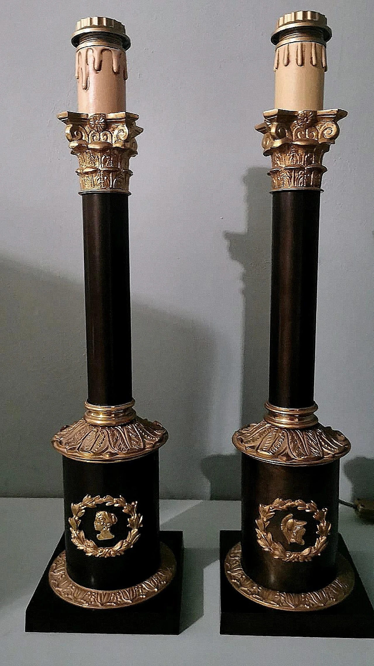 Pair of Empyre style column table lamps in bronze & brass 3