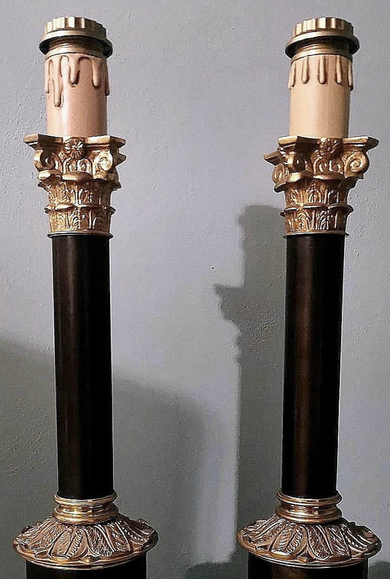 Pair of Empyre style column table lamps in bronze & brass 4