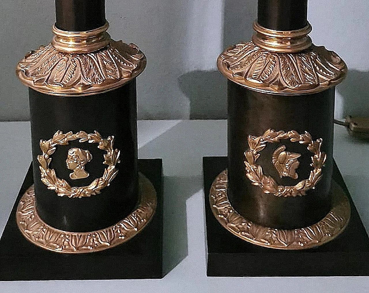 Pair of Empyre style column table lamps in bronze & brass 5