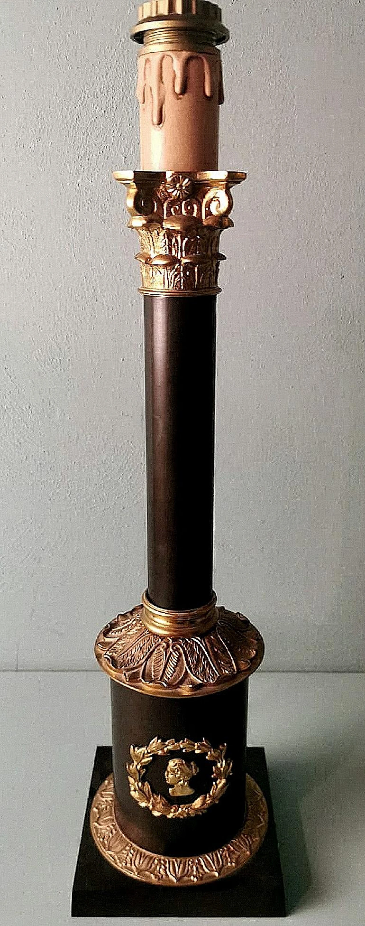 Pair of Empyre style column table lamps in bronze & brass 7