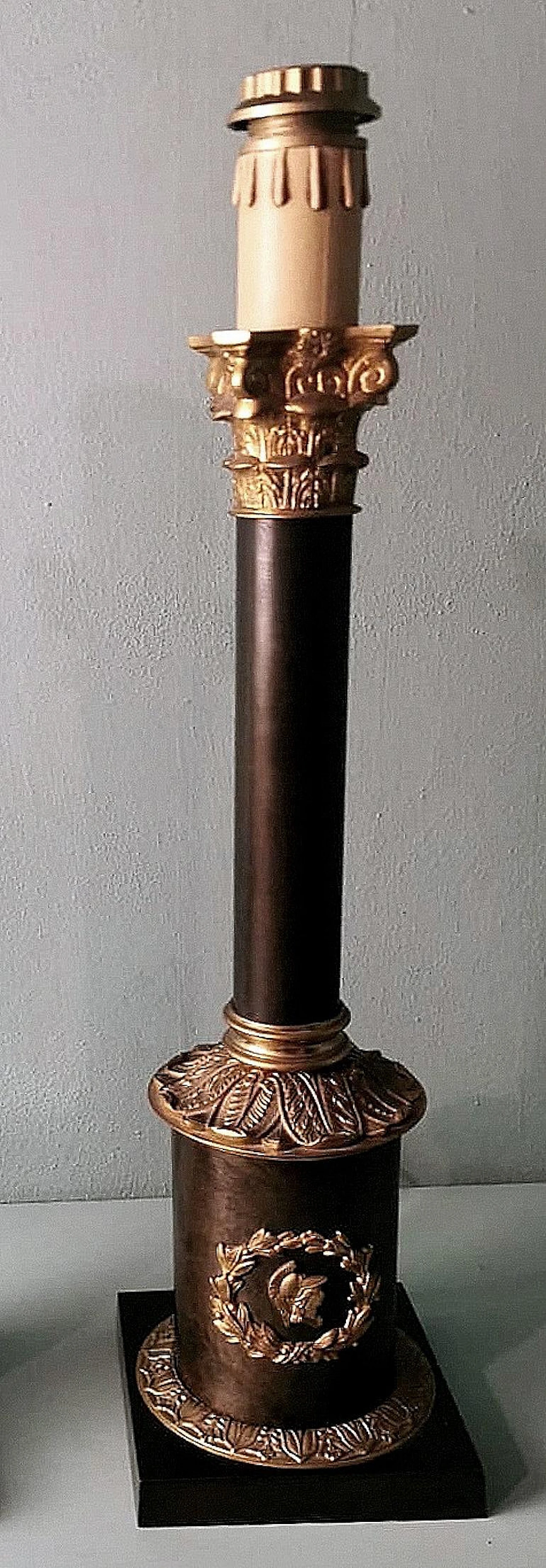 Pair of Empyre style column table lamps in bronze & brass 8