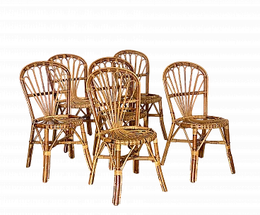 6 Chairs in bamboo and rush, 1970s