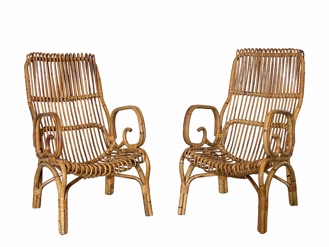 Pair of rush and bamboo armchairs, 1970s 13