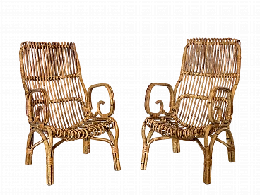 Pair of rush and bamboo armchairs, 1970s