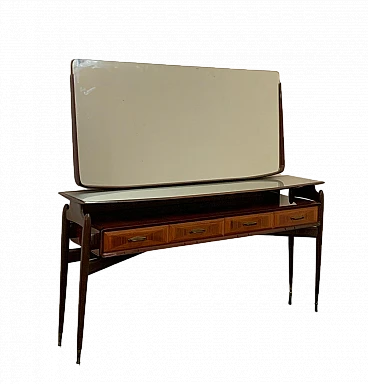 Console with mirror from the 1950s in mahogany and rosewood with brass