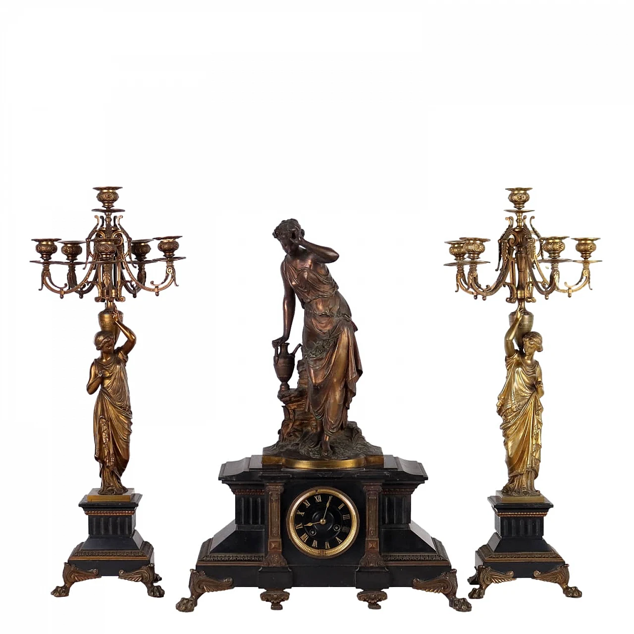 Black marble and bronze triptych with statues by Henri Honoré Plé 1