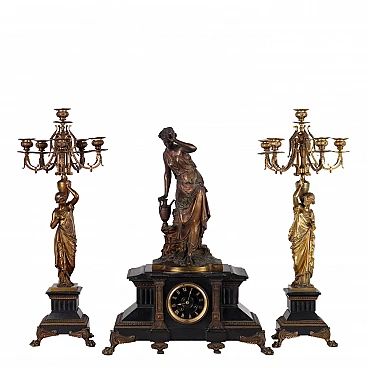 Black marble and bronze triptych with statues by Henri Honoré Plé