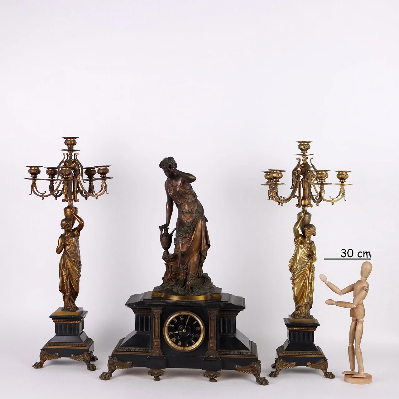 Black marble and bronze triptych with statues by Henri Honoré Plé 2