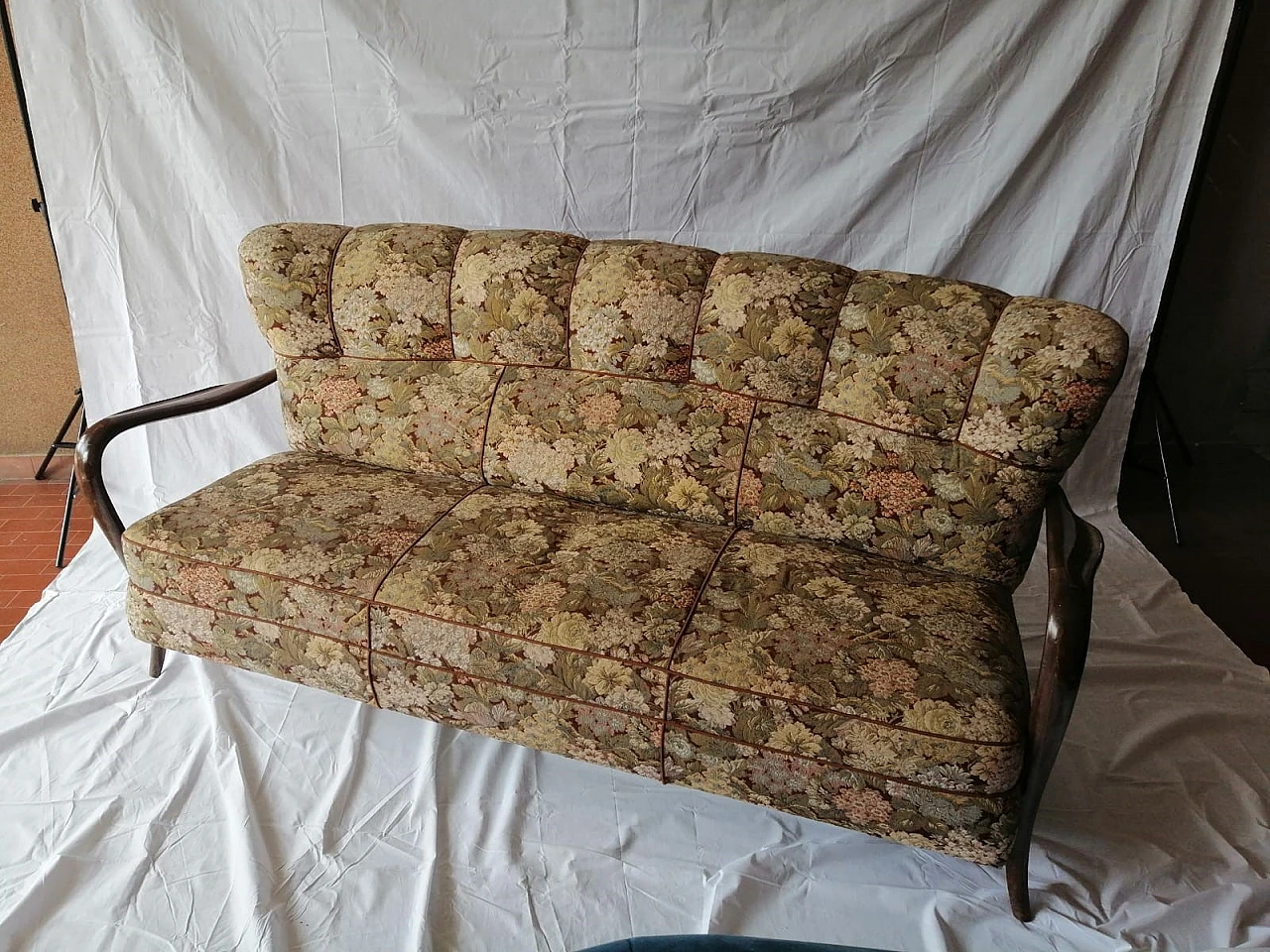 Art Deco 3-seater sofa in gobelin fabric and wood, 1940s 1