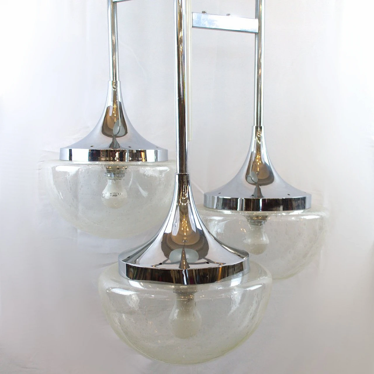 Lampadario a 3 luci in vetro e metallo in stile Sciolari, anni '70 3