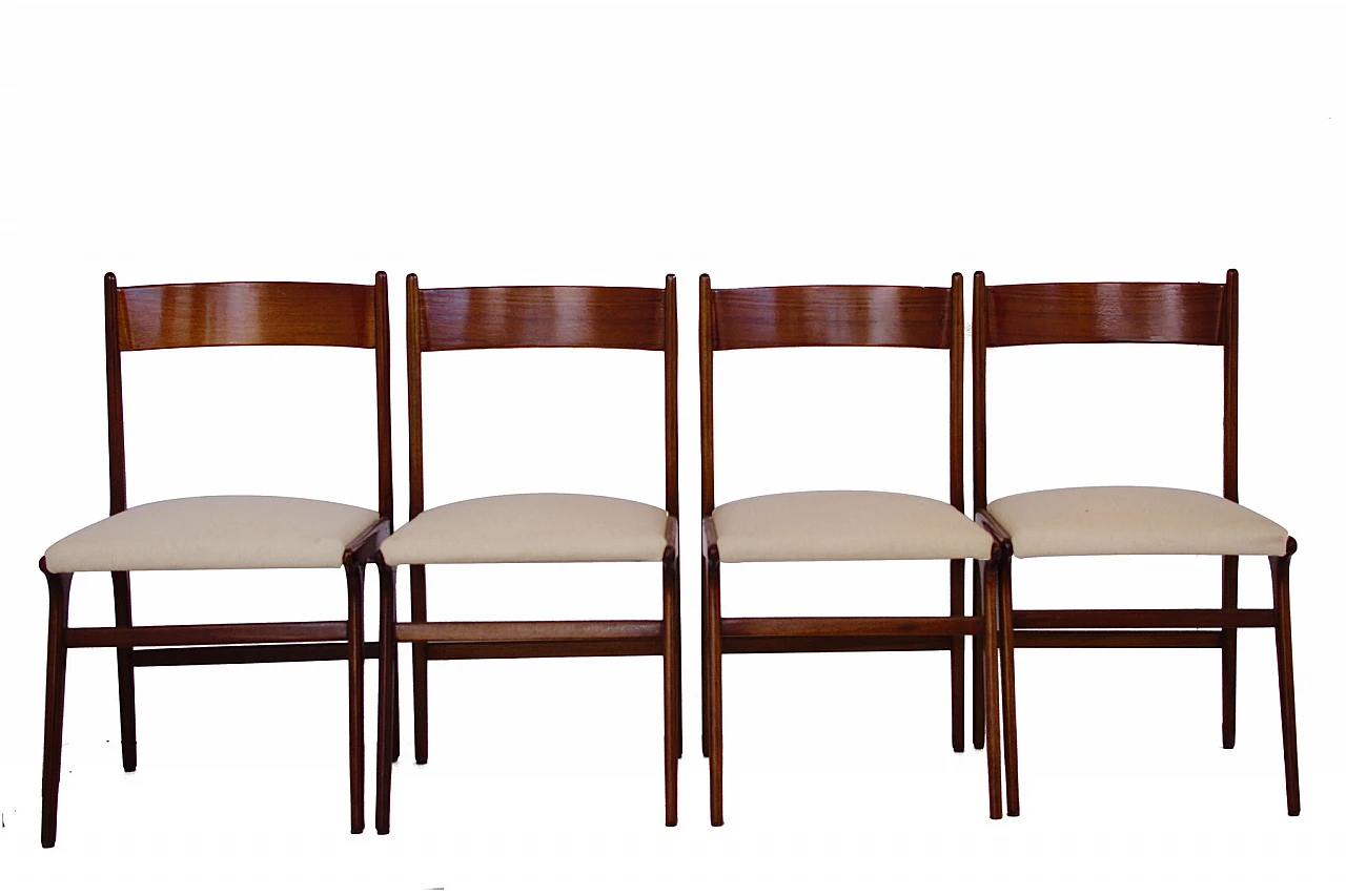 4 Wooden chairs with upholstered seat and beige fabric, 1950s 1