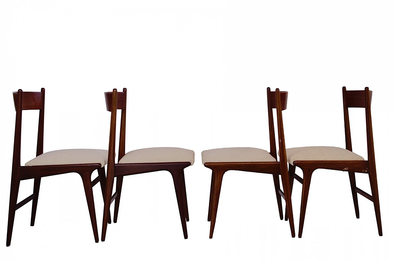 4 Wooden chairs with upholstered seat and beige fabric, 1950s 2