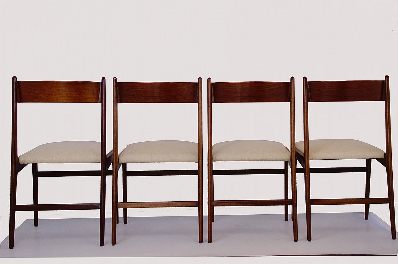 4 Wooden chairs with upholstered seat and beige fabric, 1950s 3