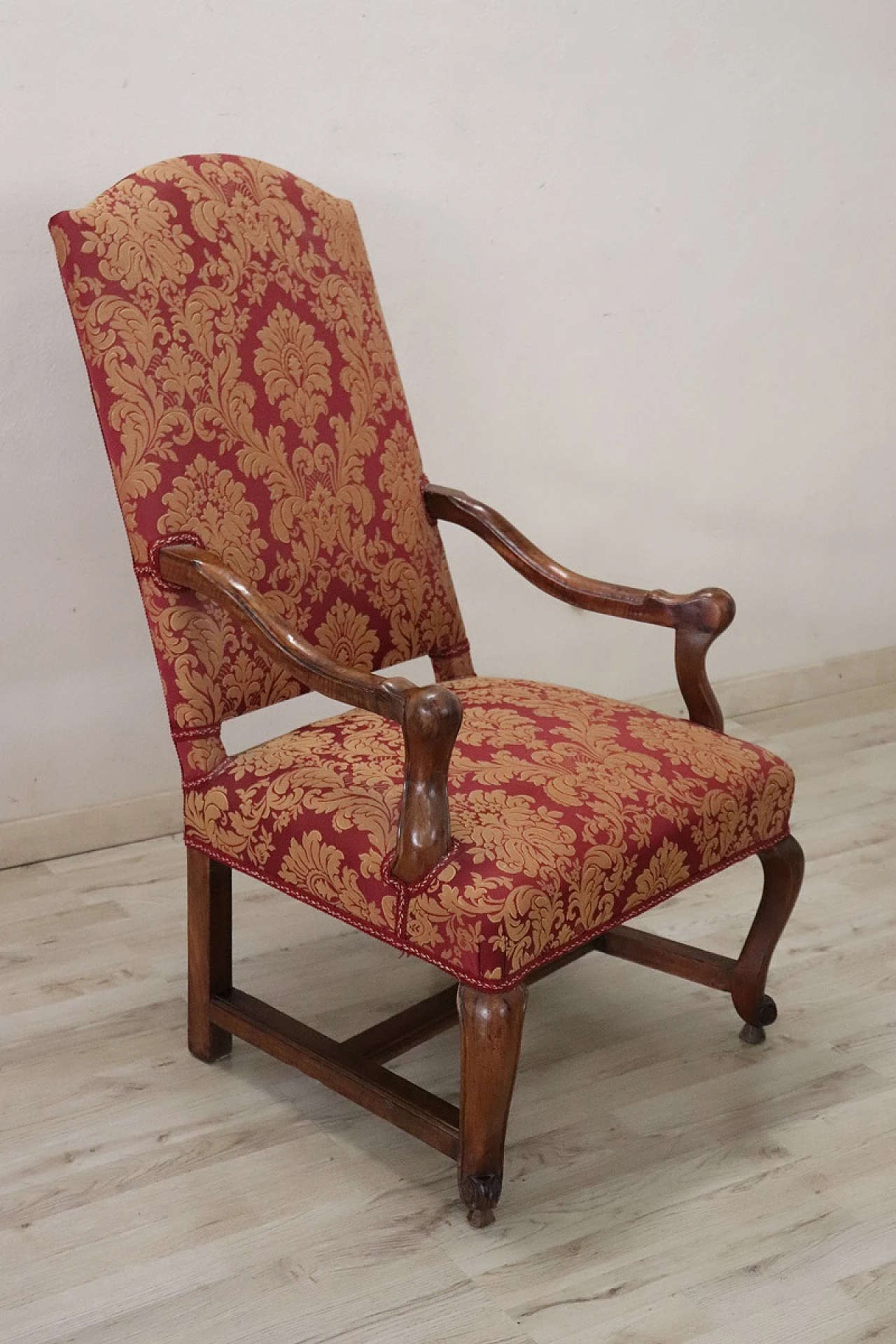 Louis XIV walnut and damask fabric armchair, early 18th century 2