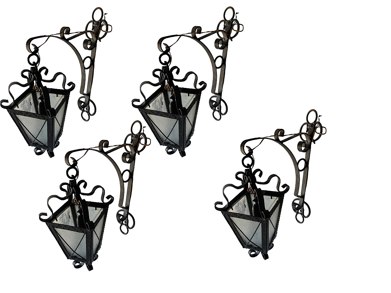 4 Wall lights in wrought iron and glass, 1970s 1